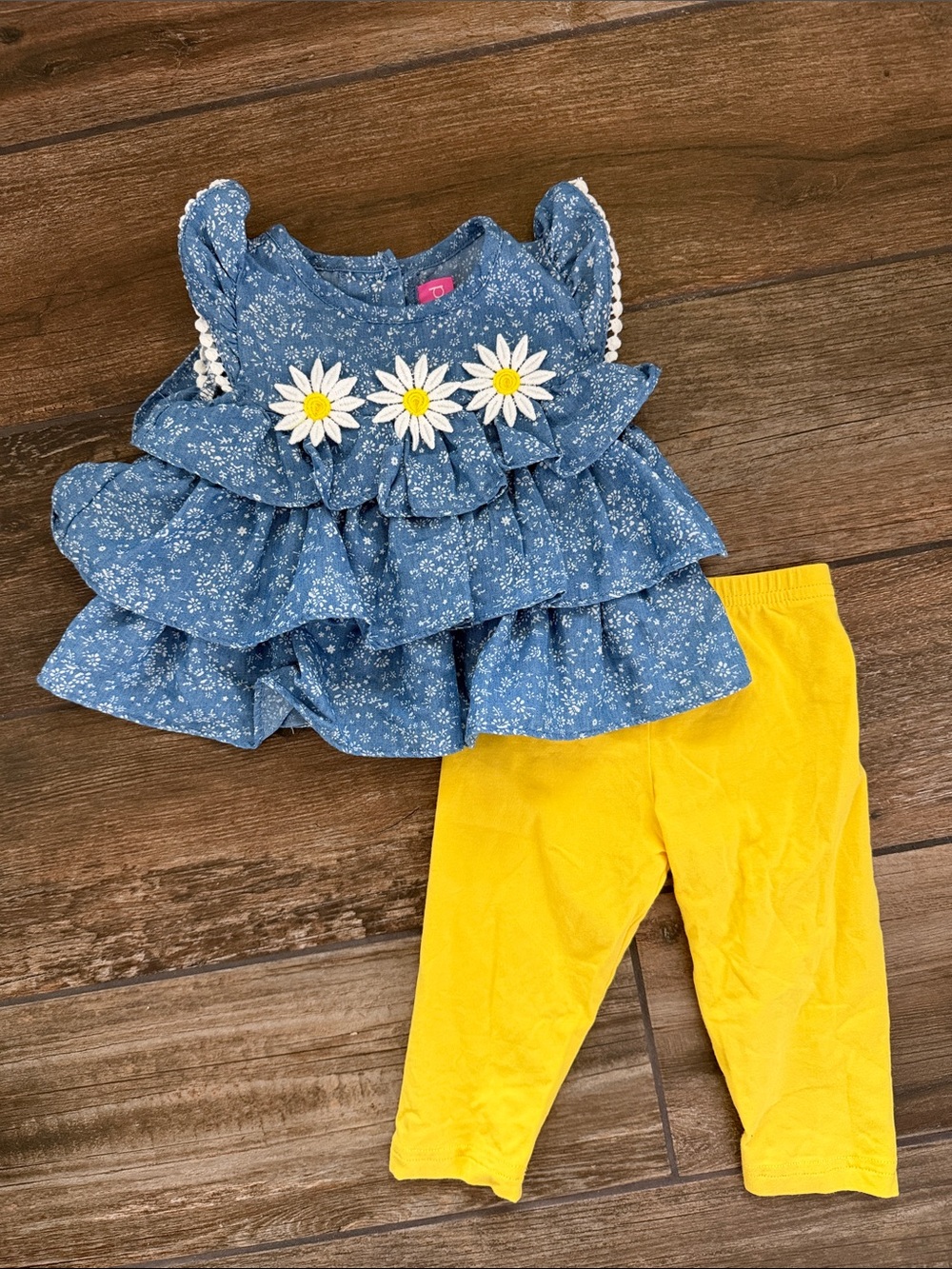 Good Lad Blue Floral Ruffle Top with Daisy Appliqués and Yellow Leggings